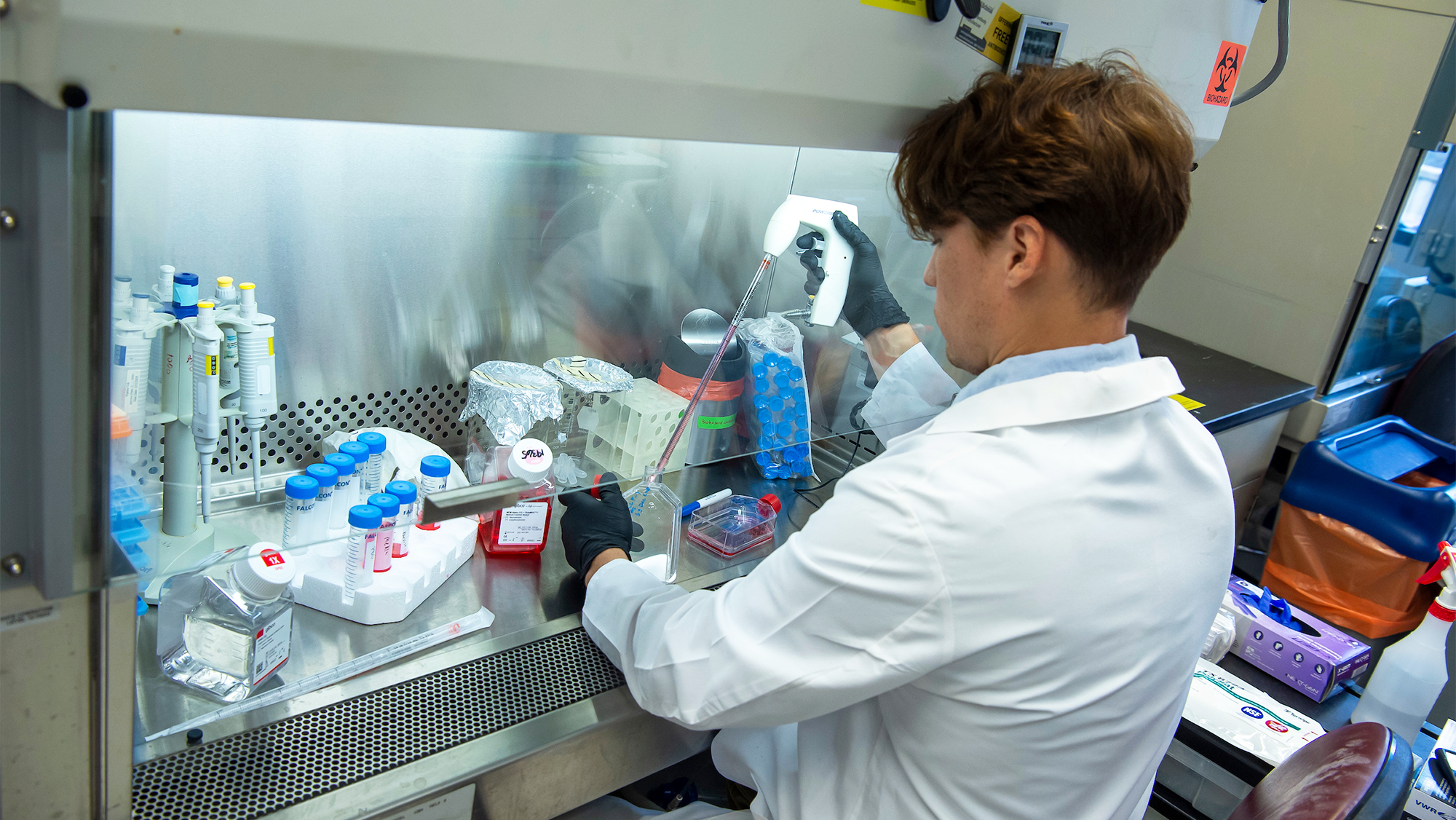 A research student works in the lab under a hood